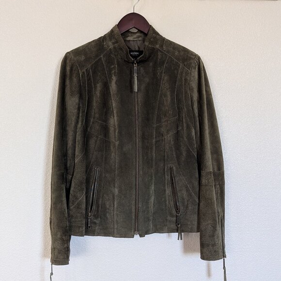 Alfani Leather Suede Short Boho Biker Standup Neck Jacket Dark Olive Green - Picture 3 of 14